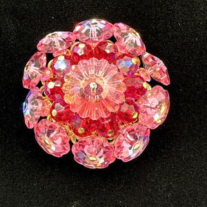 Vendome Brooch Pin Flower Pink Crystal Ruffle Aurora Borealis Floral Vintage